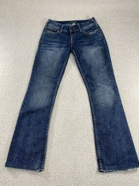 Silver Jeans Women’s Bootcut Jeans in Dark Wash Blue distressed size 28 buckle